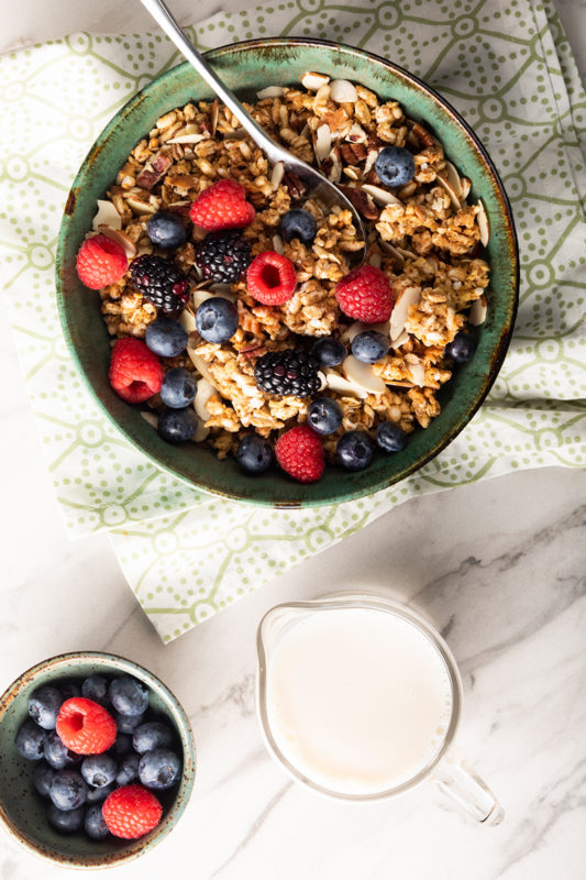 overhead view of bowl of oats with fruit