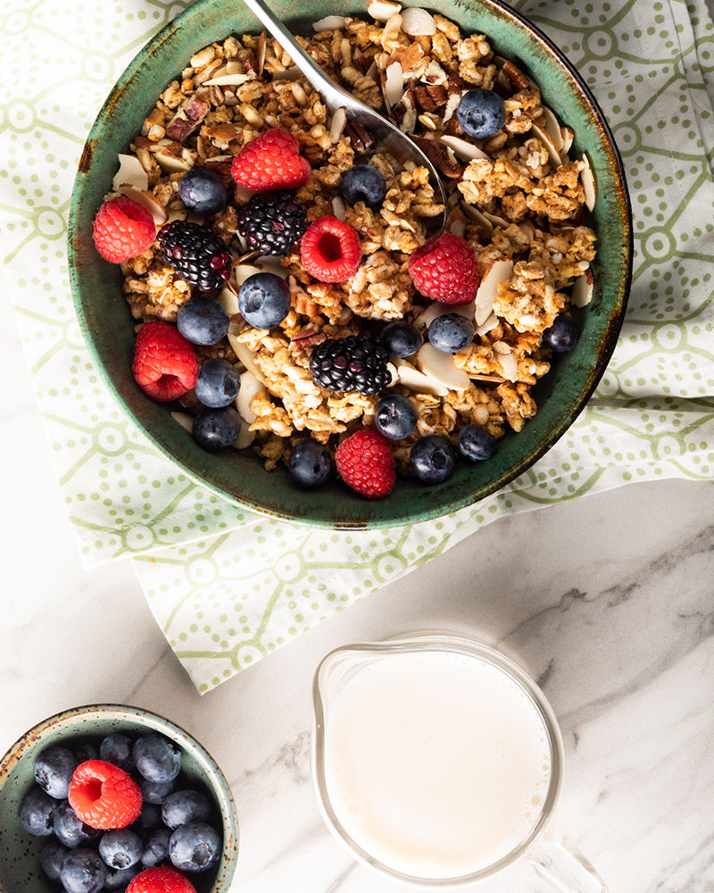 overhead view of bowl of oats with fruit