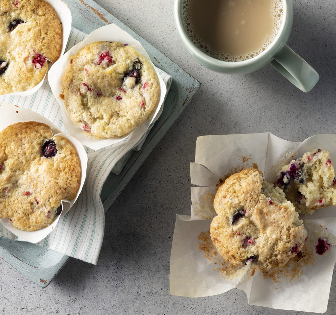 overhead view of vegan berry lemon muffins