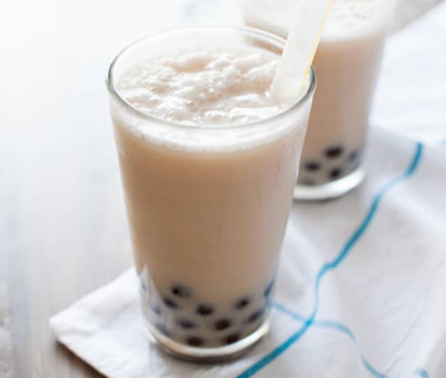 Glass of Coconut Almond Milk Tea Smoothies With Boba