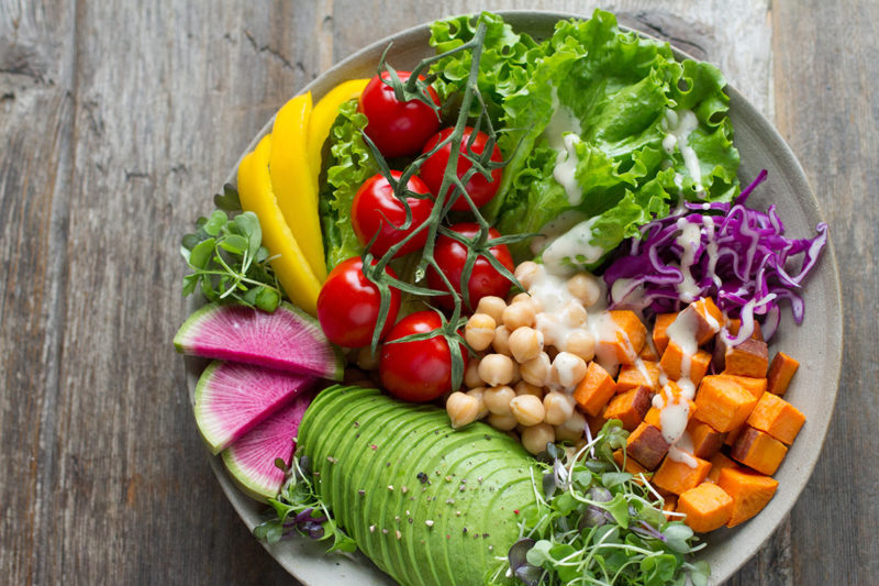 Overhead view of protein bowl