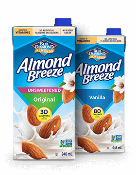 Two blue boxes of Almond Breeze almond drink, original flavor 946 mL and unsweetened 946 mL